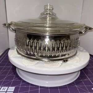RARE 1920's PYREX Clear Glass Casserole w/Lid & Etched Silver Holder